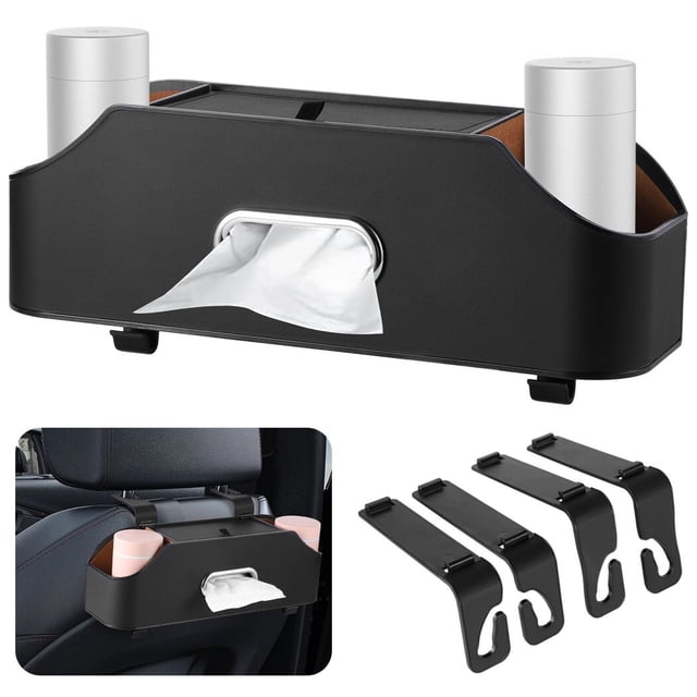 Back Seat Car Organizer, Car Seat Box with Cup Tissue Holders, Back Seat Case with Hooks for Towels and Bags, Leather Organizer with Felt Inner Compartments