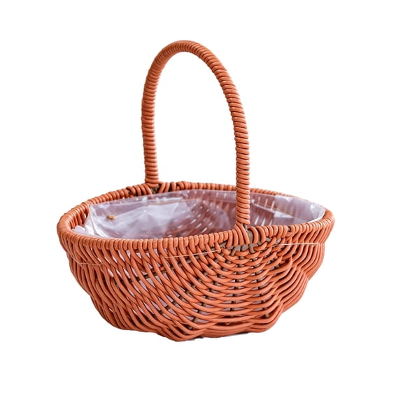 Small Woven Basket with Handle, Plastic Rattan Wicker Basket for Picnic, Harvesting, Home Storage And Decor, Splinter-free Brown