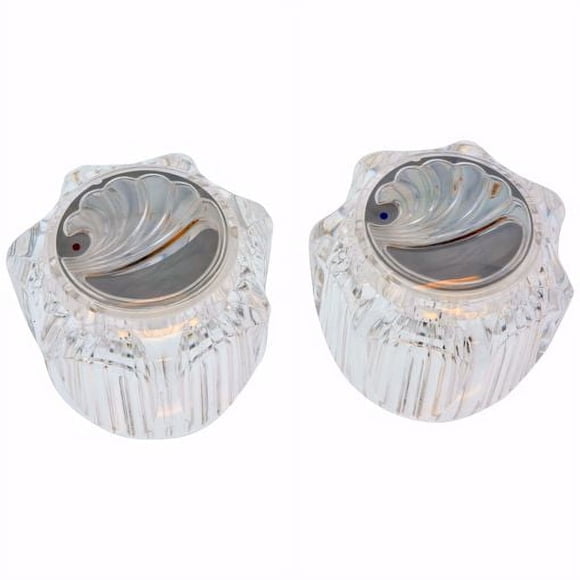 Jones Stephens Acrylic Knob Replacement Handles fit Delta®, Delex®, and Peerless® faucets. They replace RP23498 and include screws and index buttons. Ideal for lavatory and kitchen faucet repairs.