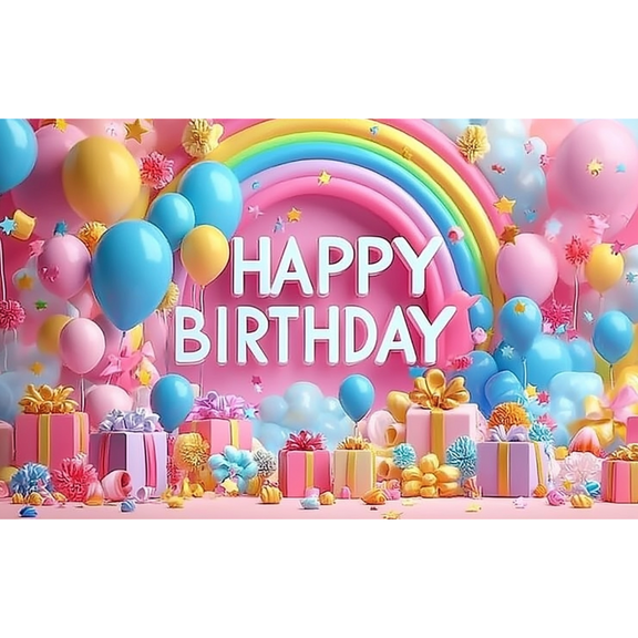 Birthday Polyester Banner Photography Backdrop Rainbow and Gift Box Theme with Balloons - Party Background Decoration for the Celebration