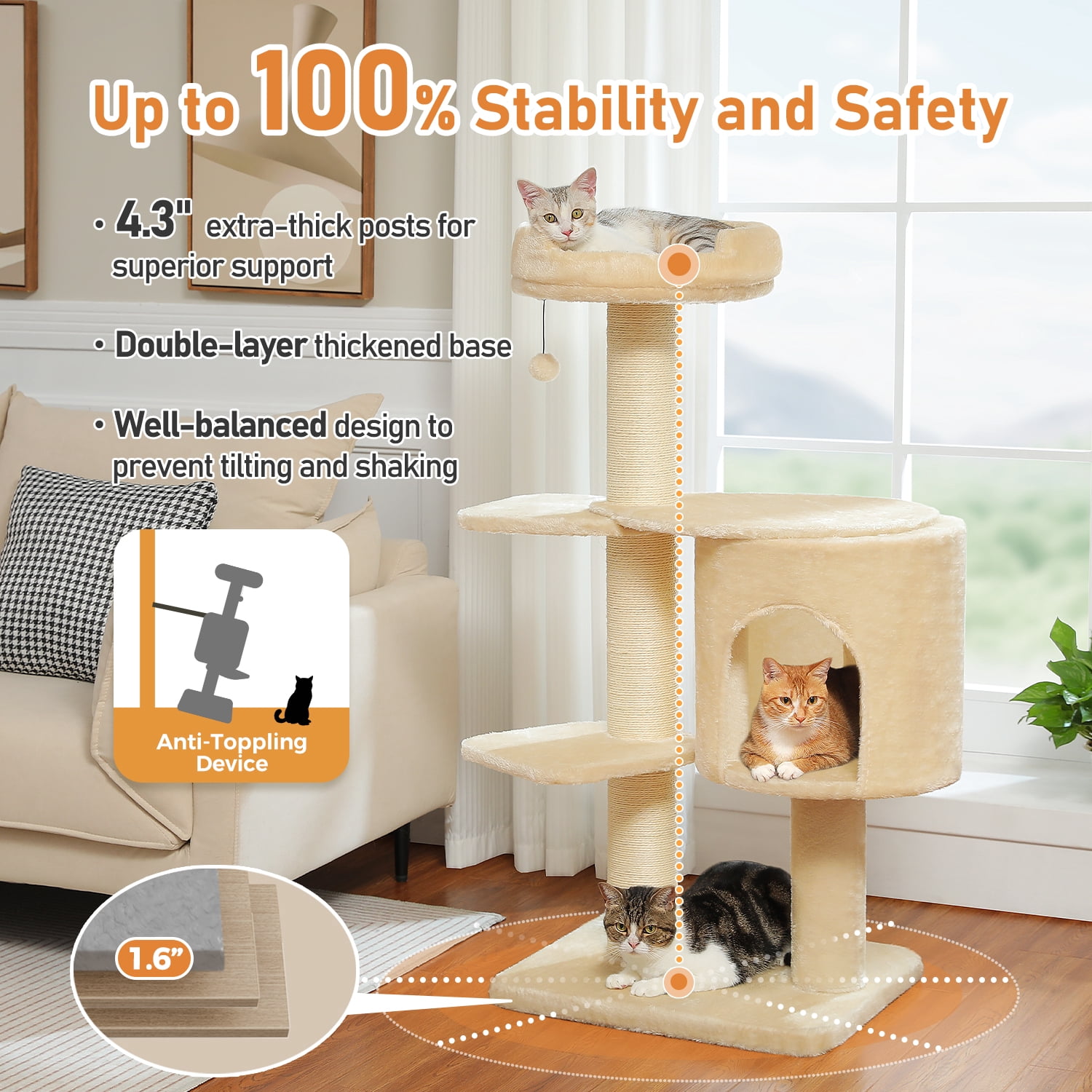 PEQULTI 50" Flower Cat Tree for Cats Indoor 4.1" Thick Scratching Post with 2-Layer Baseboard Beige