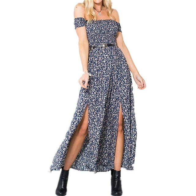 Women's Boho Off Shoulder Strapless Summer Beach Floral Slit Maxi Dress Blue-XL