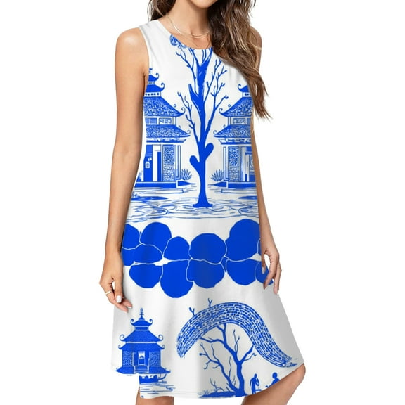 Blue Willow Chinoiserie Blue And White Dress Elegant Party Dresses Evening Dresses Women Dress Sleeveless Dress Ladies Dresses