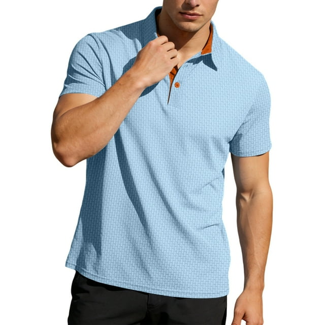 Men's Color-Block Stretch Polo Shirt Short-Sleeve Collared Button Placket Casual Daily Light Commute Spring & Autumn Wear,Light Blue,L