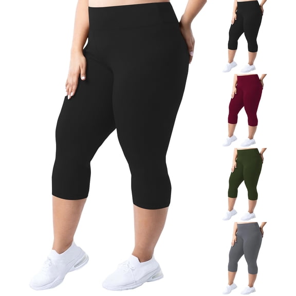 2026 Summer Women Plus Size Leggings High Waist Stretchy Capri Length Pants Casual Athletic Yoga Trousers Black XXL