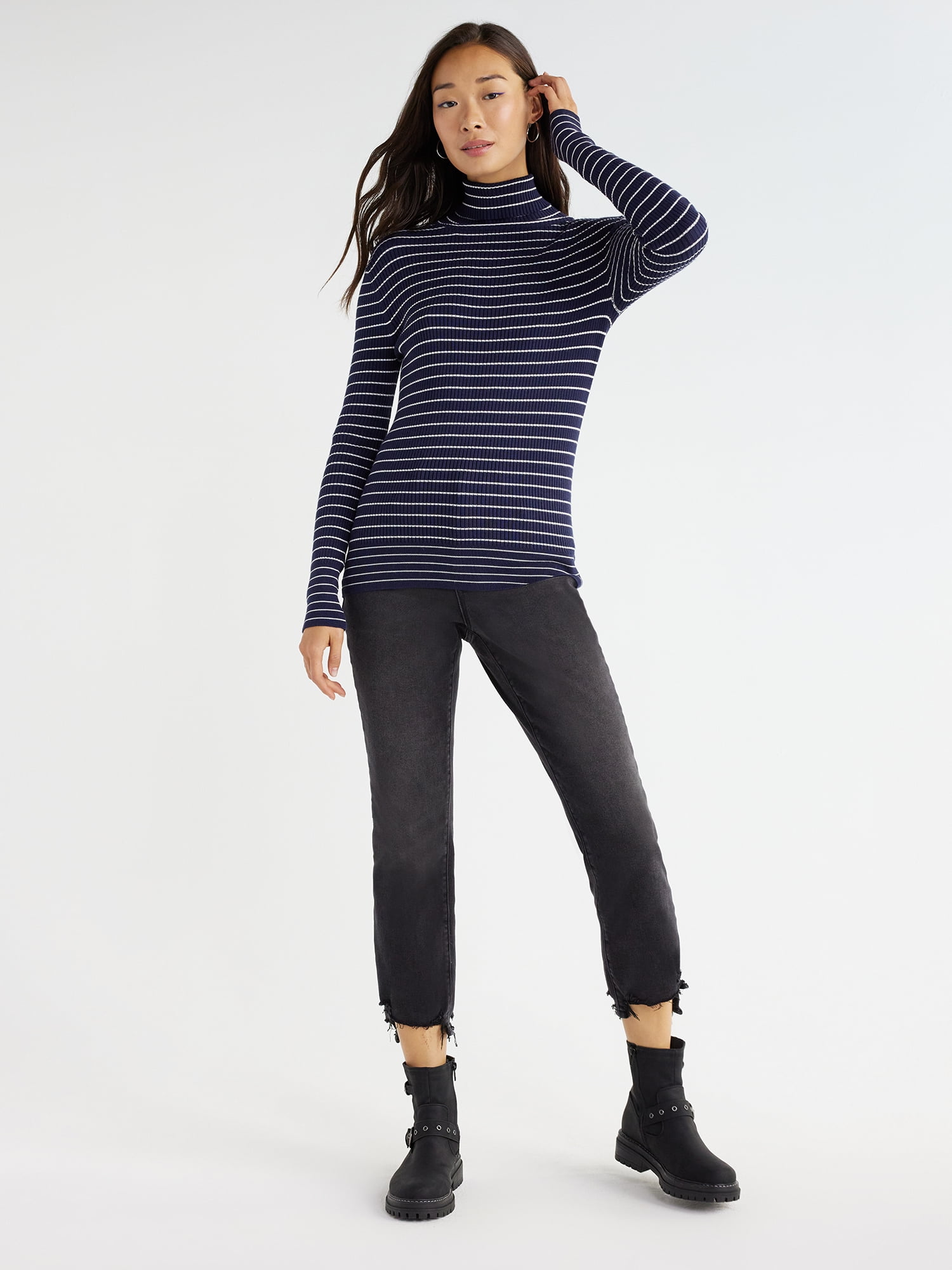 Time and Tru Women's Striped Ribbed Turtleneck, Sizes XS-XXXL