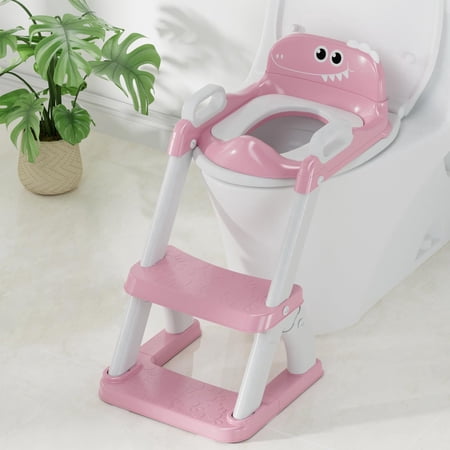Soluxeo Potty Training Seat, 2-In-1 Potty Training Toilet with Splash Guard Anti-Slip Pad, Step Stool, and Adjustable Height, Dinosaur Pattern Potty Training Seat for Kids