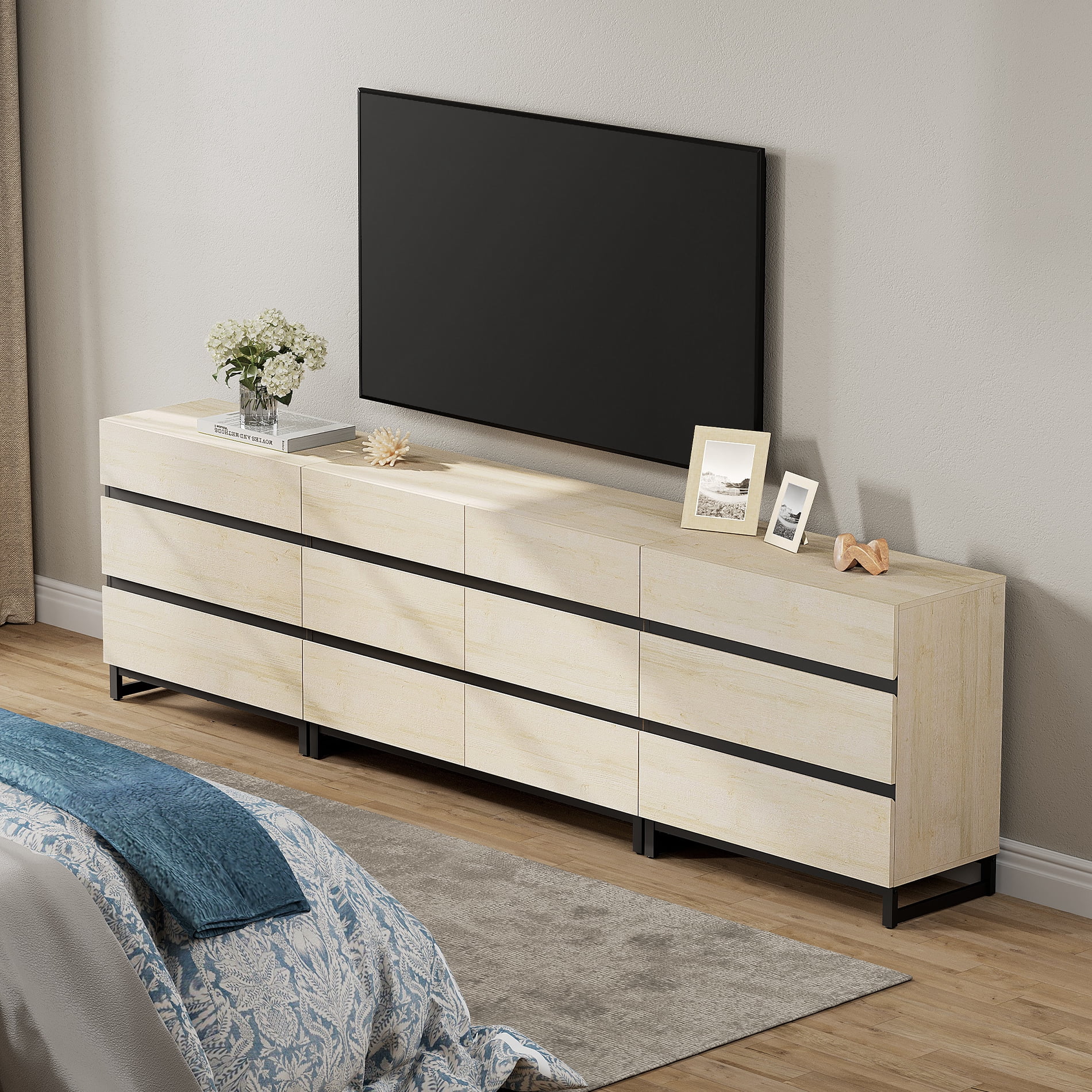 Modern TV Stand For Tvs Up To 120 Inches, 3 In 1 TV Console With 12 Drawers, Media Console With Adjustable Shelf For Living Room,Beige