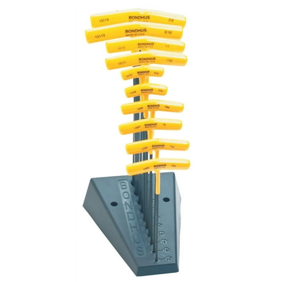 Bondhus Balldriver T-Handle Hex Key Sets, 10 per stand, Hex Ball Tip, Inch