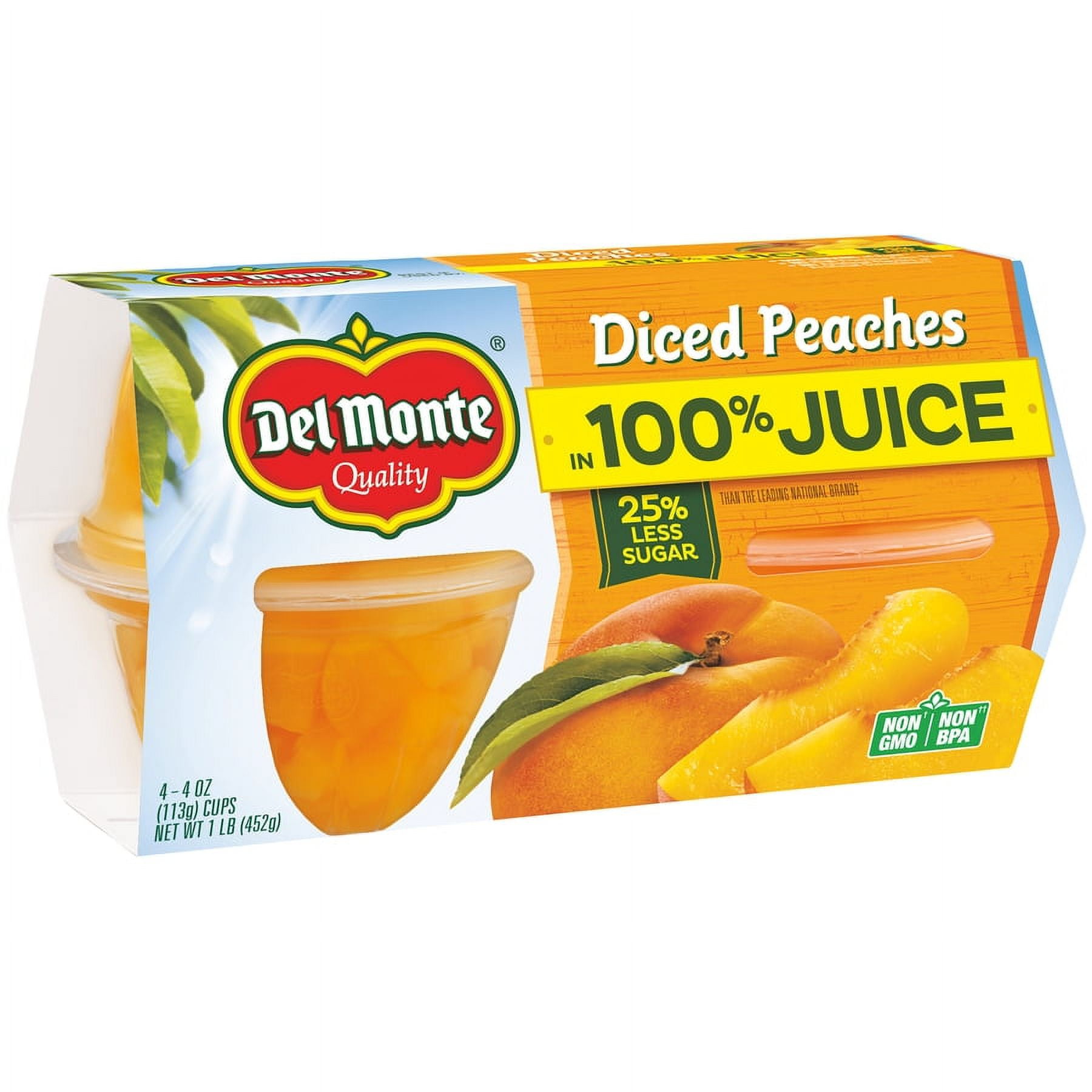 (3 pack) Del Monte Diced Peaches Fruit Cup Snacks in 100% Juice, 4 oz Cup (Pack of 4)