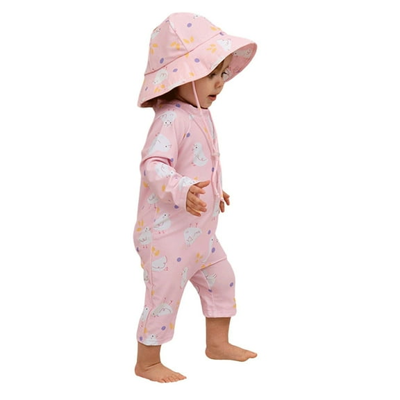 SUYOLL Toddler Girls Swimsuit Pool Beach and Lake Long Sleeve Sunsuit with Matching Sun Hat 1-7 Years Summer Fall Activities Quick Drying Bathing Suit