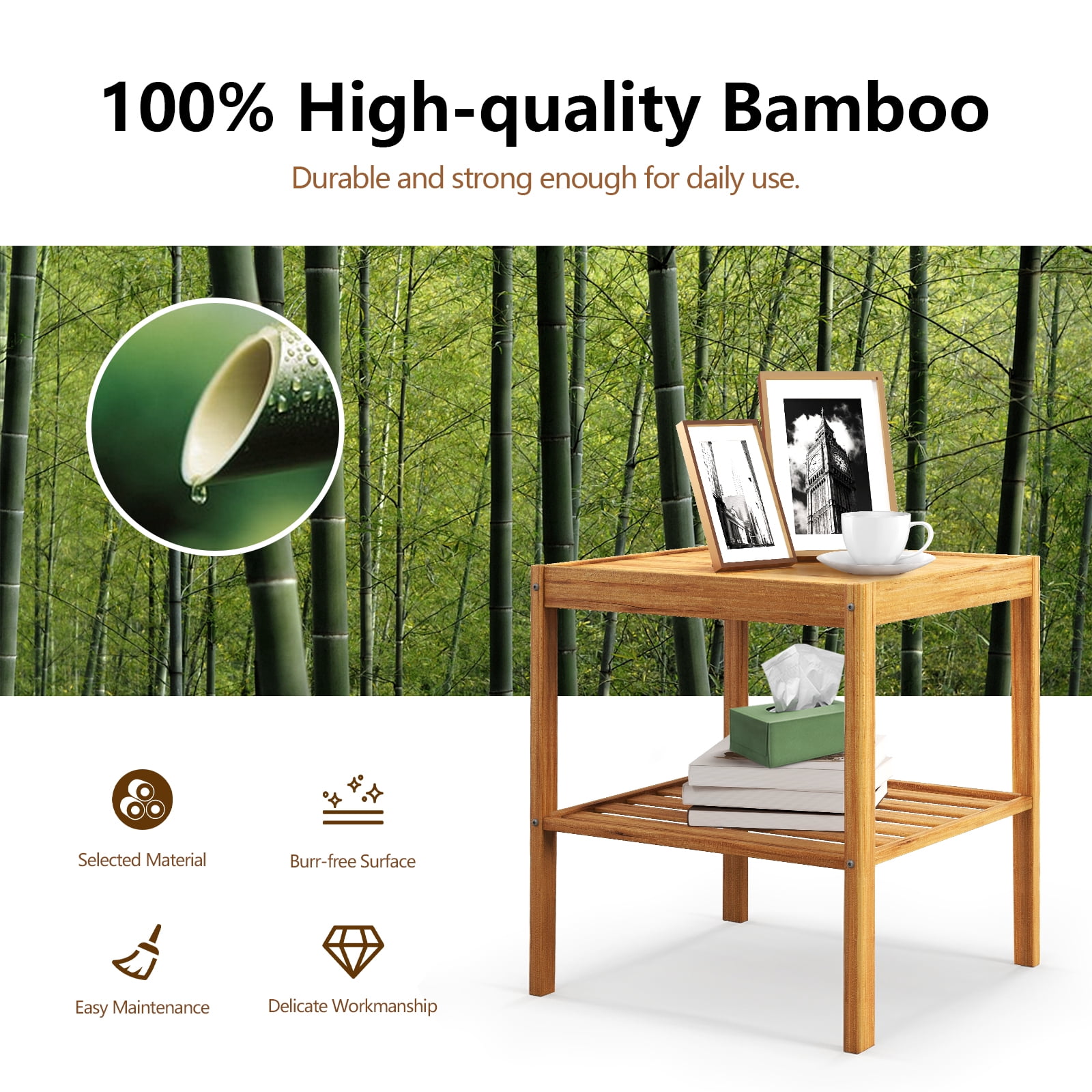 Topbuy Bamboo Nightstand Set of 2 2-tier Side Table w/ Bottom Shelf Square End Table Beside Sofa & Bed Compact Nightstand for Small Space