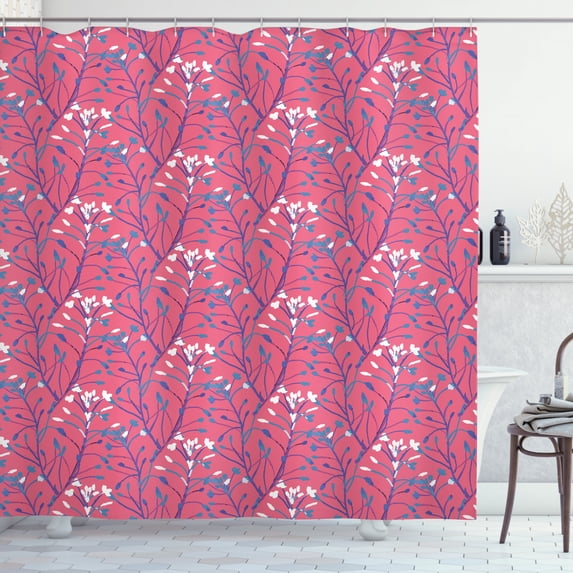 Botany Shower Curtain, Retro Spring Blossoms Watercolor Flower Leaves Vivid Colors Print, Fabric Bathroom Set with Hooks, 69W X 84L Inches Extra Long, Sea Blue Fuchsia Pastel Pink, by Ambesonne