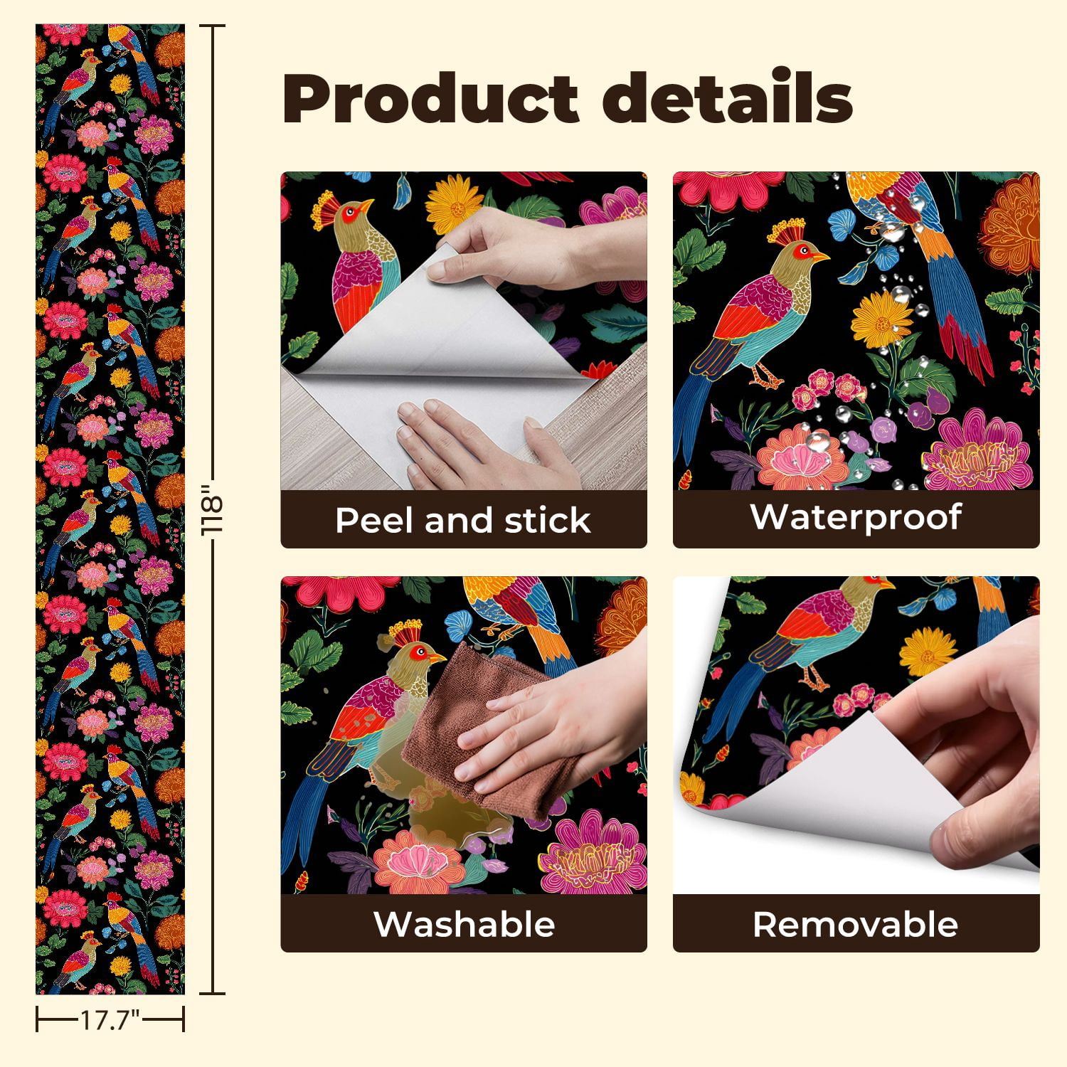 Mexican Peel and Stick Wallpaper Colorful Vibrant Floral Dark Wall Mural 17.7in x 9.8ft Self Adhesive Removable Wall Paper Renter Friendly Wallpaper for Nursery Bedroom Cabinets