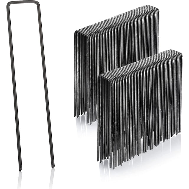 Paquete de 100 clavos para sujetar telas de jardín, control de malezas y ayuda para jardinería, 150 x 25 mm, 2,8 mm de diámetro, anclajes de tierra galvanizados en forma de U