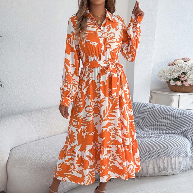 Ovzne Robes pour Femmes Robe pour Femme Imprimé Floral Manches Longues Col à Revers Boucle Taille Dentelle Robe Longue Grande Taille Robe Manches Longues Imprimée Liquidation