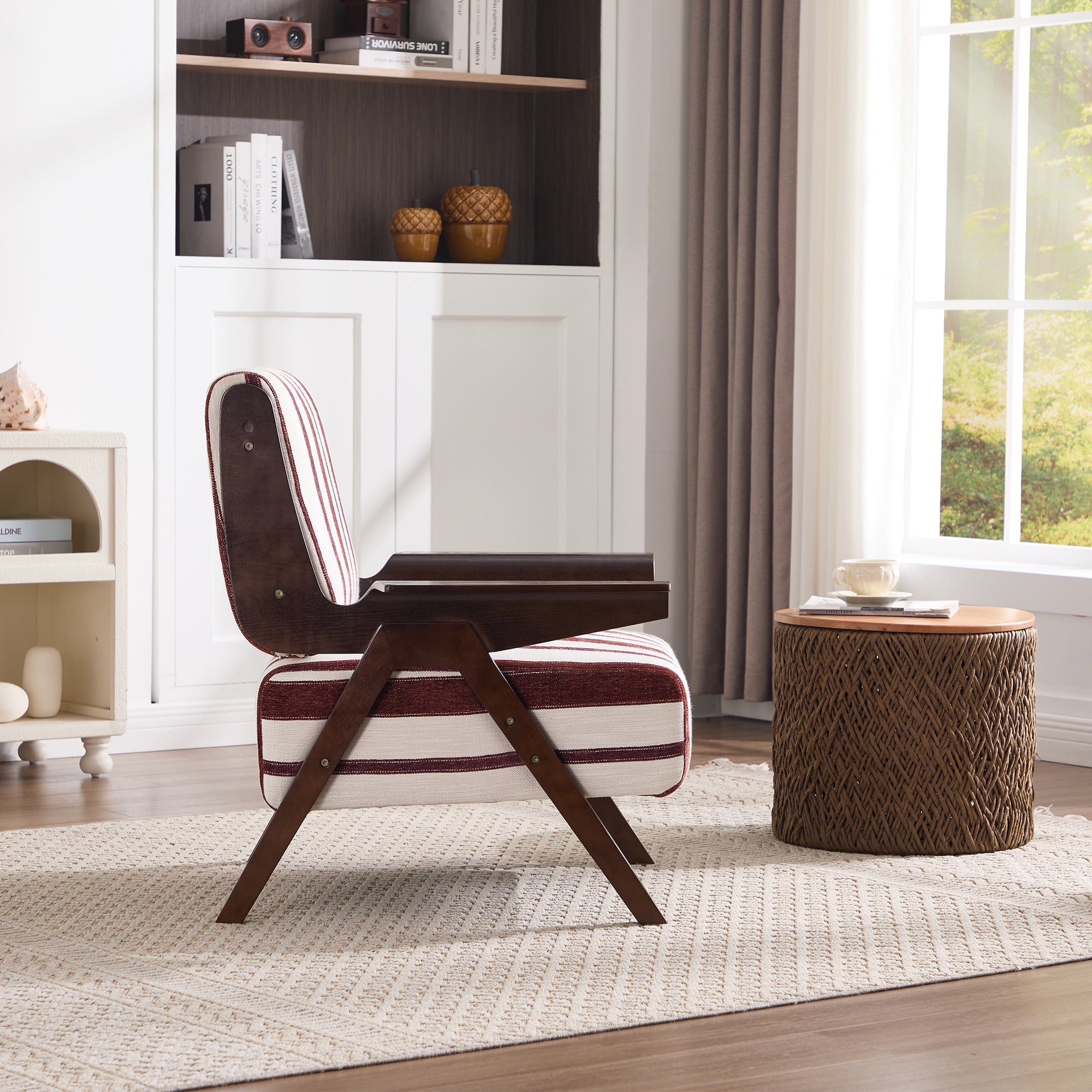 Leumius Modern Armchair with Widened Armrests Single Sofa Chair with Solid Wood Legs Comfortable Casual Reading Chair for Living Room, Bedroom, Office Red and White Stripes