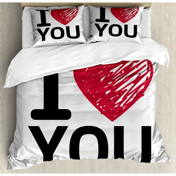 I Love You Duvet Cover Set King Size, Simplistic Love You Calligraphy Wedding Lovers Relationship Illustration, Decorative 3 Piece Bedding Set with 2 Pillow Shams, Red Charcoal Grey, by Ambesonne