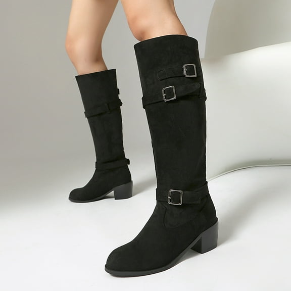 Viluyesy Womens Cowboy Boots, Chunky Heels Mid-Calf Round Toe Fashion Suede Western Boots Black