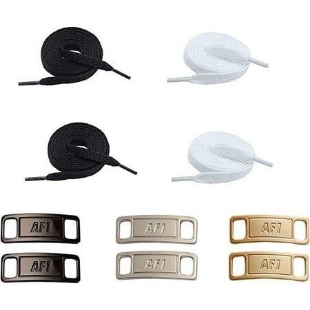 

YHRY 3 Pairs Shoe Lace Charms with 2 Pairs 120cm Flat Sneaker Shoe Lace Sneakers Metal Lace Tag Original Shoe Laces and Charms for Air Force 1 Shoe Laces for AJ 1 Sliver/Gold/Black