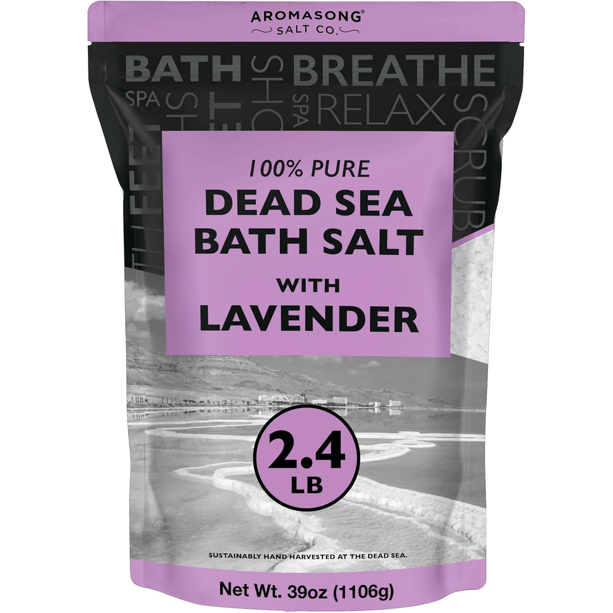 Aromasong Pure Dead Sea Salt for Soaking with 100% Natural Lavender, 2.43 LB - Spa Bath Salt Fine Grain - Body Wash Scrub - Soak for Women & Men- Bulk Resealable Pack