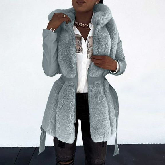 Uootdi Winter Jackets for Women Hood Zip up Fleece Faux Leather Patchword Coats Casual Elegant Warm Outerwear with Belt Gift