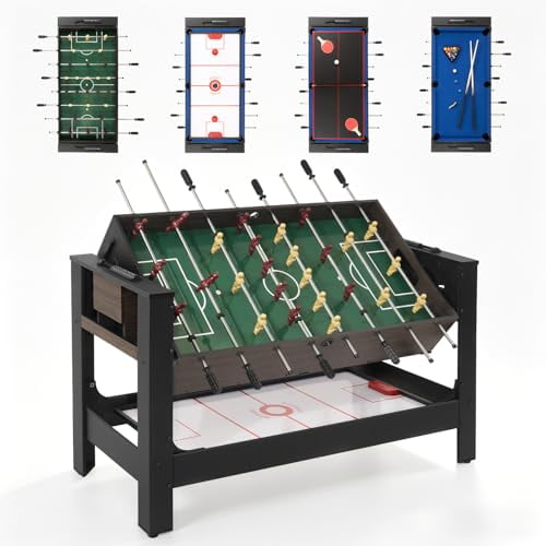 54" 4-in-1 Multi Game Table, Swivel Combo Game Table Set with Air Hockey, Foosball, Pool Billiards & Ping Pong, Indoor Arcade Game Table for Kids, Adults, Home & Game Room