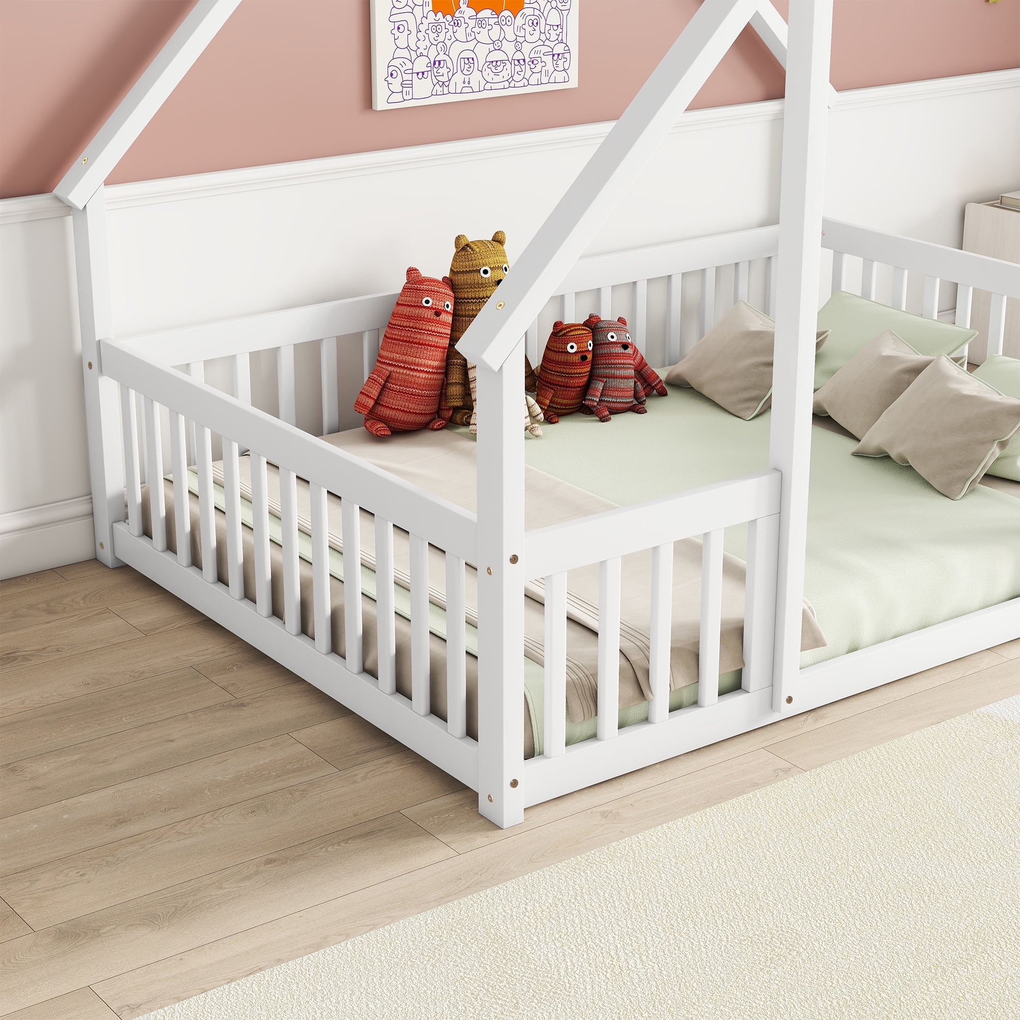 Bellemave Full Size Floor Bed Frame, Wooden House Bed Full Size with Fence, Montessori Bed with Guardrails for Bedroom(White)