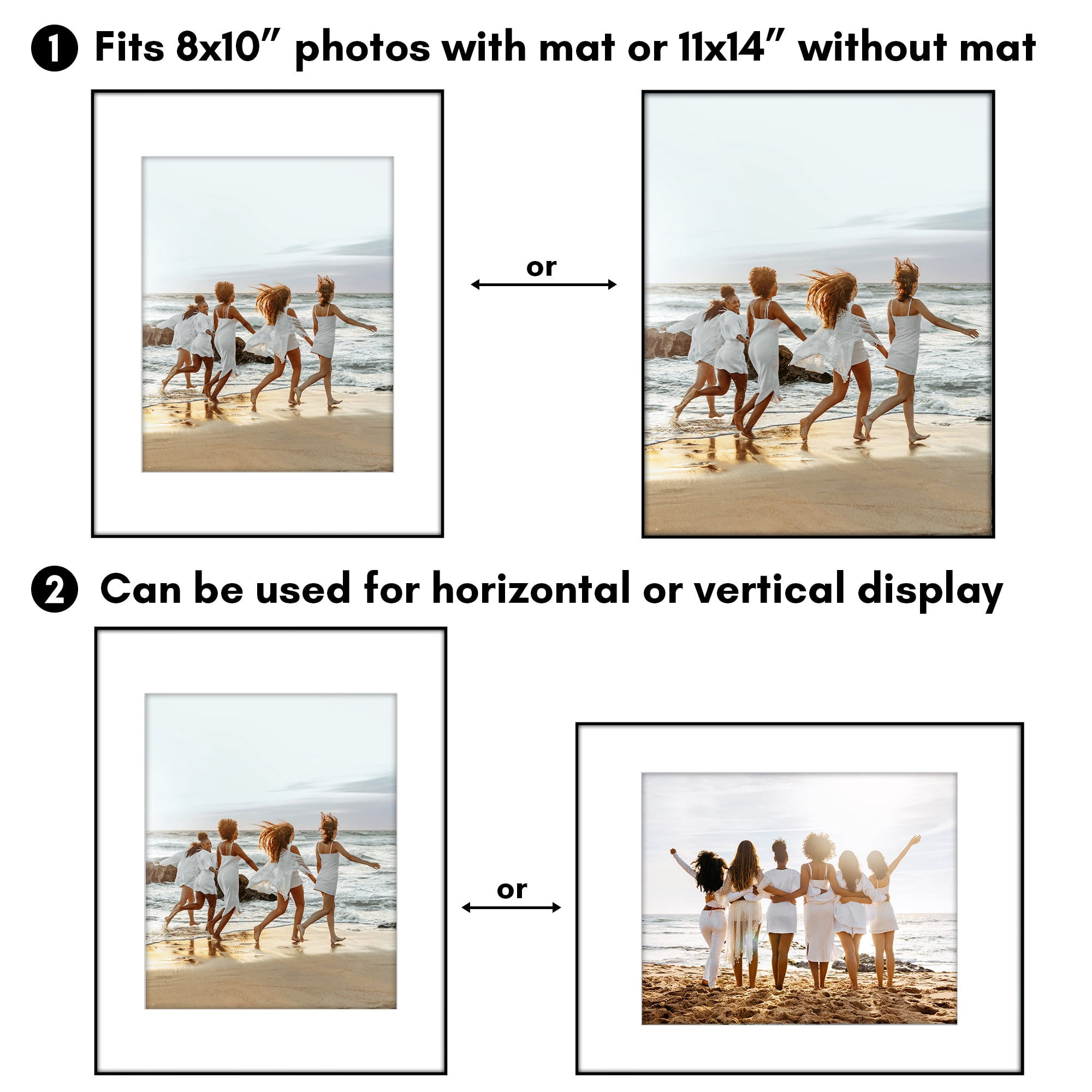 Americanflat 11x14 Front Loading Picture Frame with Shatter-Resistant Glass with 8x10 Mat 3 Pack Photo - Black