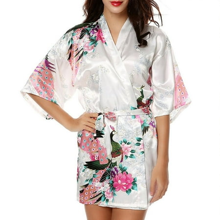 

KDDYLITQ Women s Sleepwear Kimono Lingerie Nightgown Satin Robe Nightdress White L
