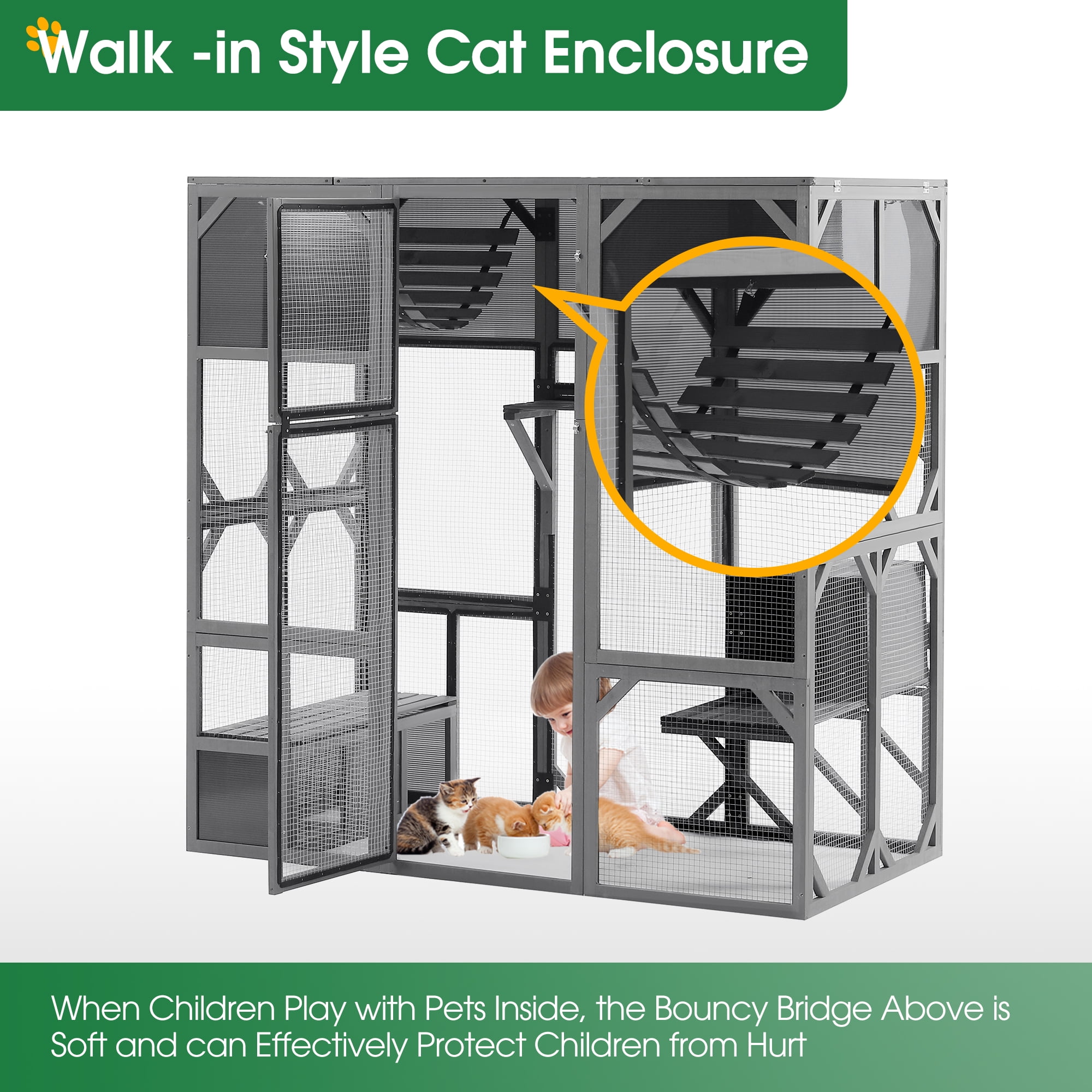 Syngar Luxury Wood Cat Cage, Outdoor Large Wooden Catio Enclosure with Bouncy Bridge, Platforms, Small Houses, Seating and Sunshine Panel, Walk in Cat Run House for Multiple Pets - 67.5", Gray