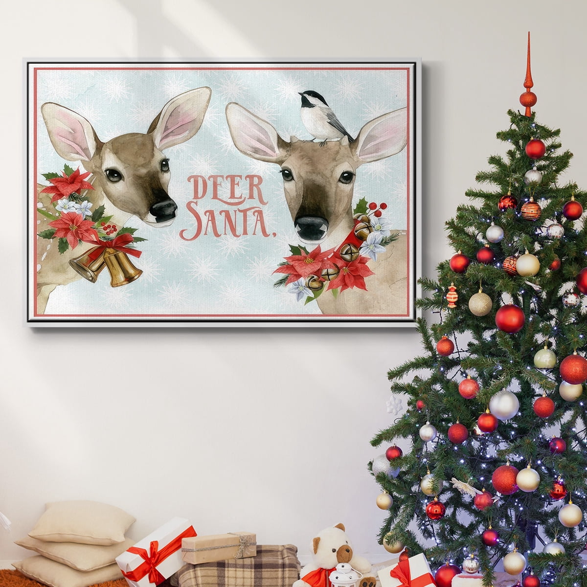 Deer Christmas Collection A - Framed Gallery Wrapped Holiday Canvas - 25 x 37 - White Frame
