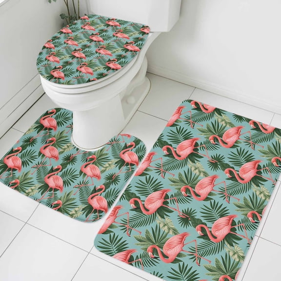 Pink Flaming Birds Bathroom Rugs Set Tropical Plant Summer Blue Background Non Slip Absorbent Soft Bath Mats 3 Piece Set with Bathroom Rug, U-Shaped Floor Mat, Toilet Seat Cover Large Size