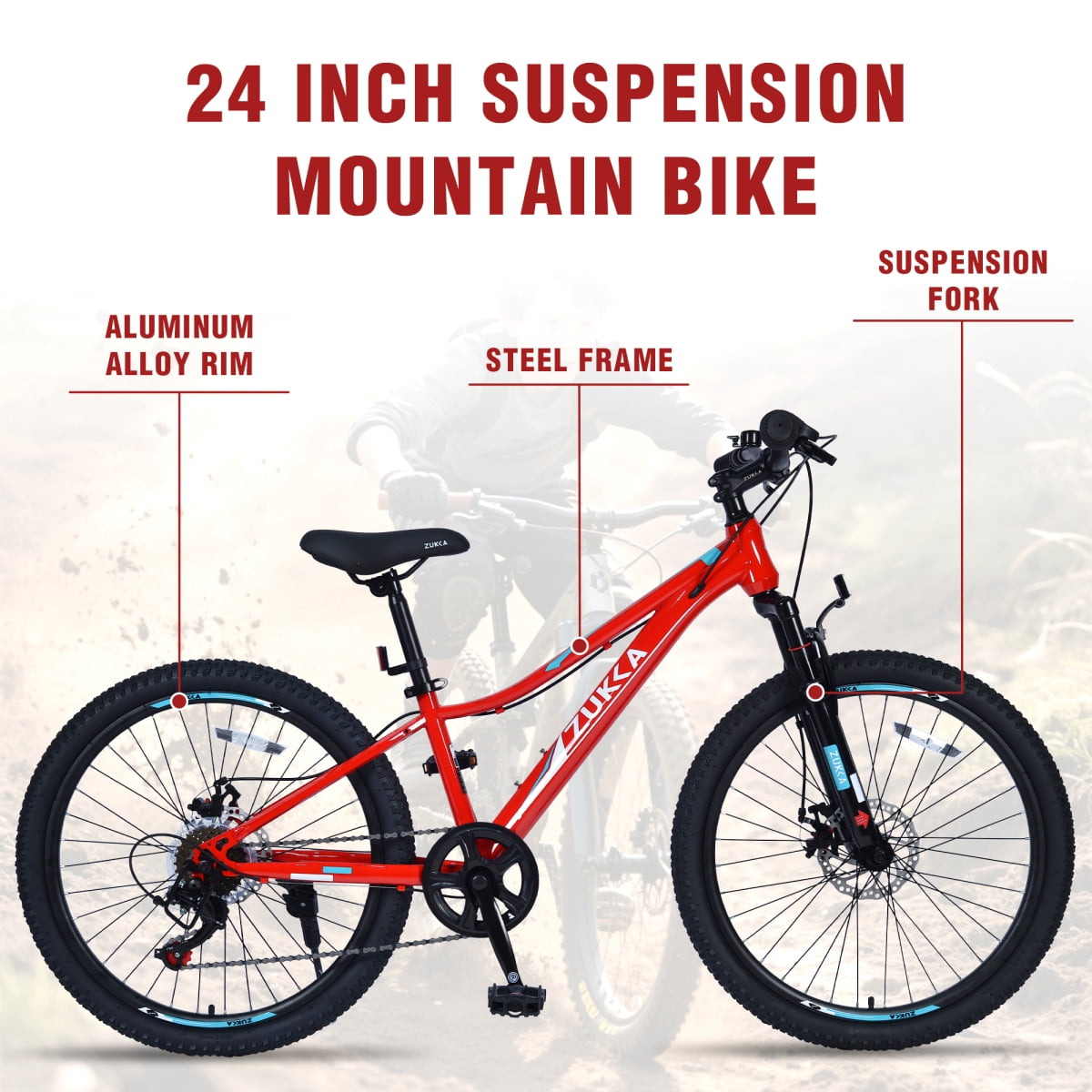 LuckyNote 24 Inch 6-Speed Mountain Bike, Steel Frame, Front & Rear Disc Brakes, Suspension Fork, Red