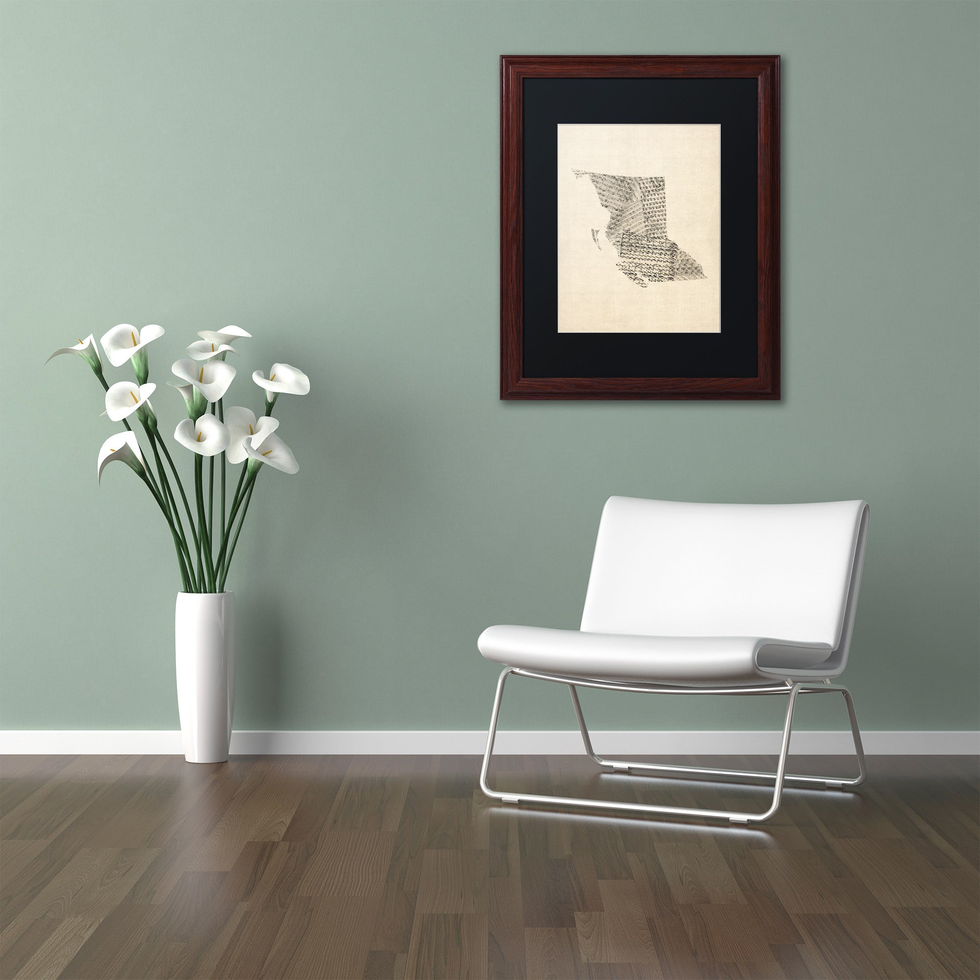 Trademark Fine Art "Sheet Music Map British Columbia" Canvas Art by Michael Tompsett Black Matte, Wood Frame