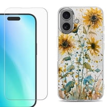 For iphone 16 Plus Phone Case Cover, Shockproof Case with Tempered Glass Screen Protector, by OneToughShield - Pastel Sunflowers