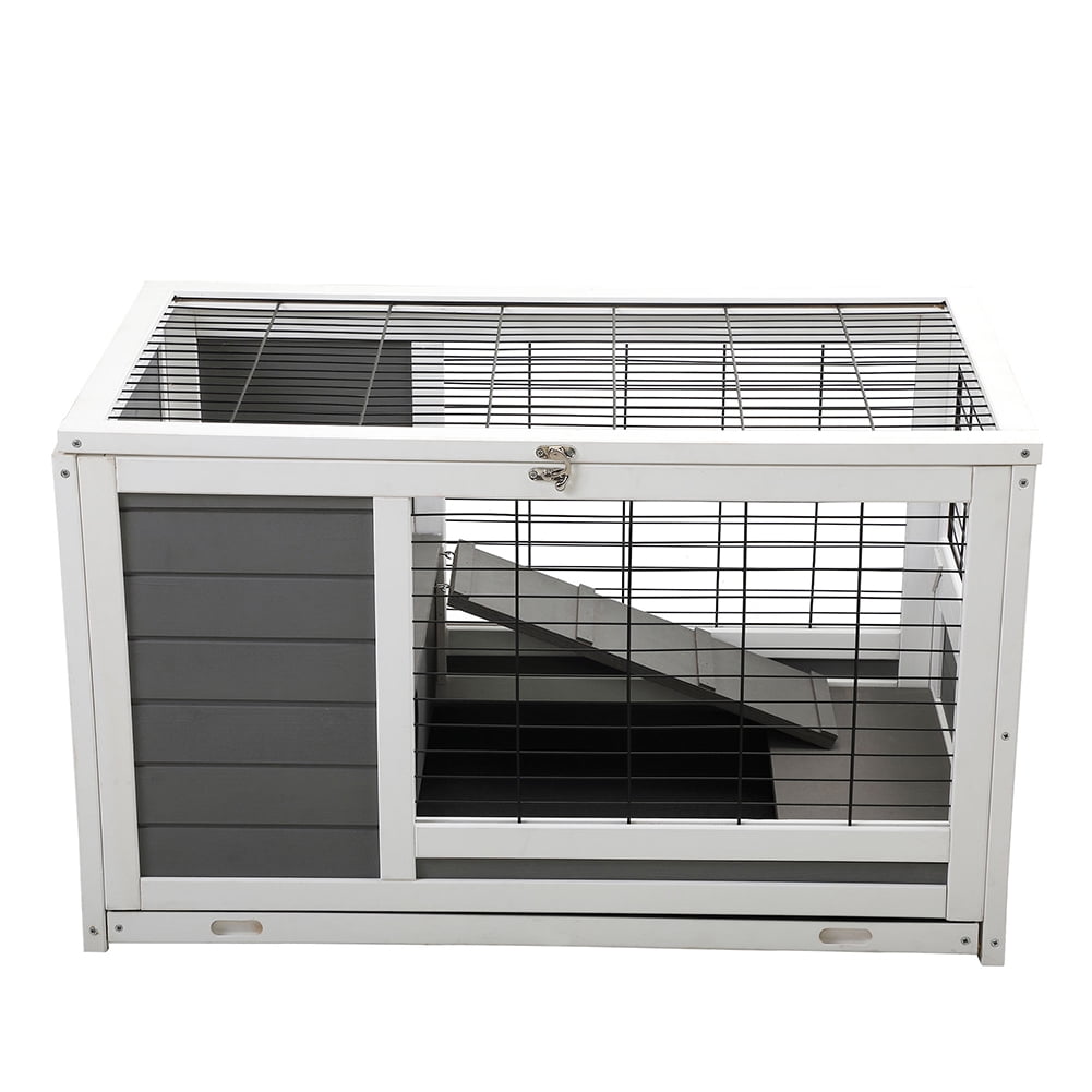 Kadyn All Weather Indoor Outdoor Pet Kennel, Wooden Pet House, 2 Tier Pet Shelter, Gray and White