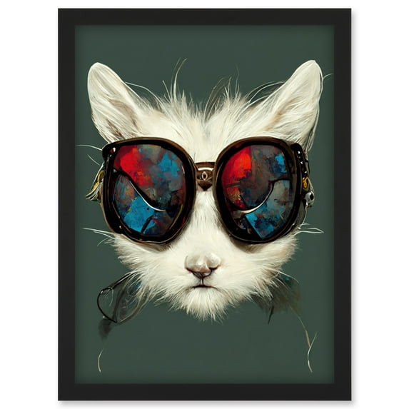 White Cat Head With Aviator Sunglasses Painting Artwork Framed Wall Art Print A4