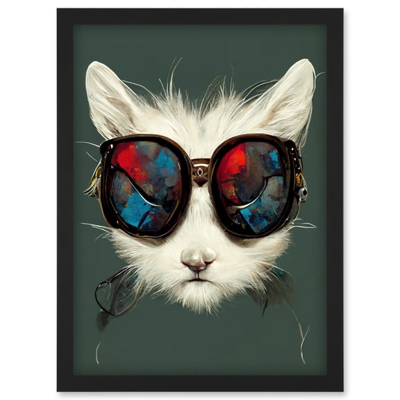 White Cat Head With Aviator Sunglasses Painting Artwork Framed Wall Art Print A4