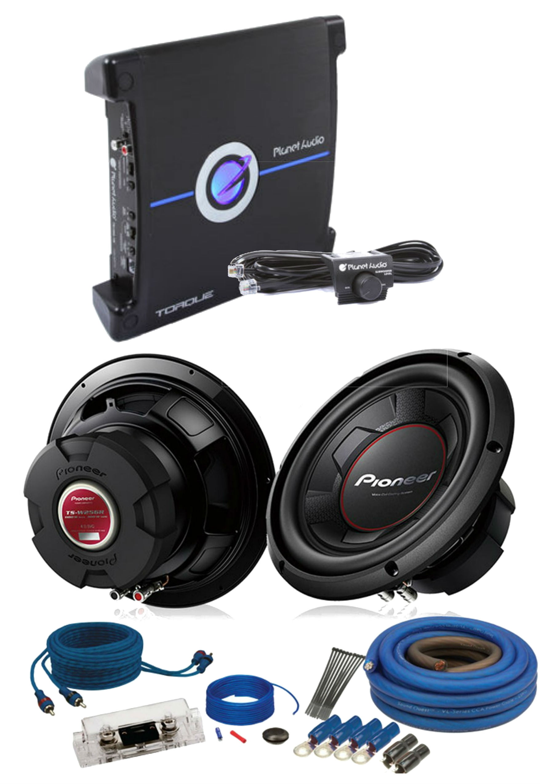 Two Pioneer TSW256R 10" Subwoofers, TR1500.1M Monoblock Amplifier and a 4ga Amplifier Wiring
