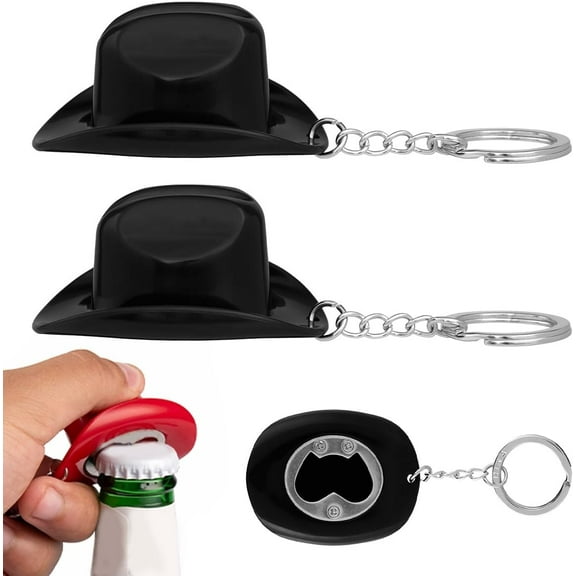 2PCS Cowboy Hat Bottle Opener, Rustic Western Cowboy Bottle Opener Keychain, Portable ABS Cap Keychain Beer Openers, Cowgirl Theme Bar Party Favors Decoration for Men and Beer Lovers(Black)