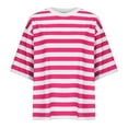 thumbnail image 4 of Elainilye Fashion Womens Basics Off Shoulder Sleeve Stripe Printed Round Neck T-shirt Loose 3/4 Sleeve Round Neck Shirt,Pink, 4 of 6