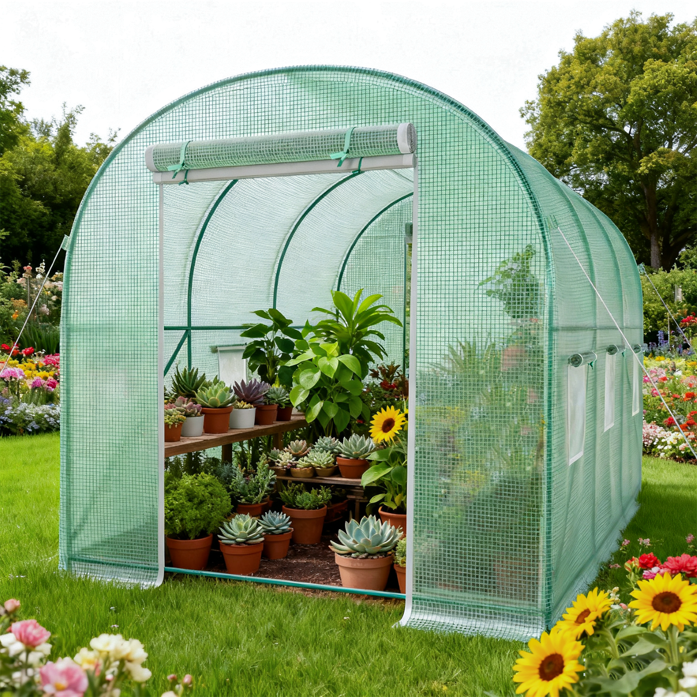 TANGJEAMER Greenhouse with Watering System, Large Walk-in Greenhouse Reinforced Metal Frame, 6 Screen Windows and 1 Door, Green House Irrigation Watering Kit for Garden Plants Flowers 11.5x6.5x6.5FT