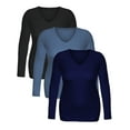 thumbnail image 4 of Essential Basic Women's Junior Size Vneck Tshirt Long Sleeves Shirt Tee, Small, 3Pk Black, Dusty Blue, Navy, 4 of 5