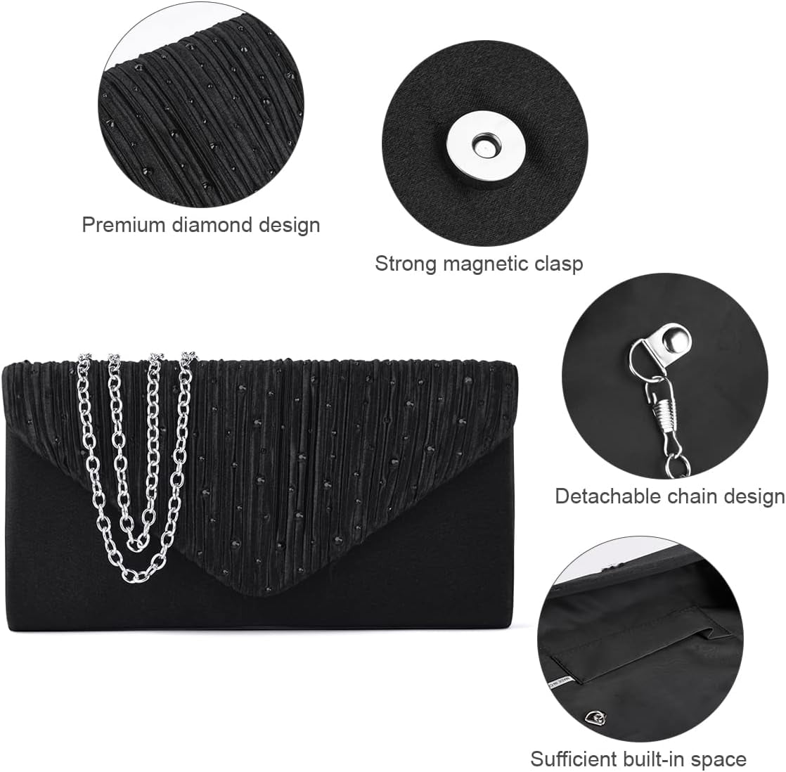 SONGAU Clutch Purses For Women, Satin Envelope Evening Purse, Formal Party Clutches With Detachable Chain Strap, Stylish Crossbody Shoulder Clutch Bag Wedding Purses Cocktail Prom Handbags