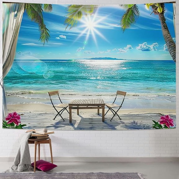 PRATYUS Beach Landscape Tapestry, Tropic Ocean Sea Island Palm Tree Seaside Tapestries for Living Room Summer Window Wall Hanging  Painting