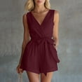 thumbnail image 6 of Npasoilc Imitation Linen Short Jumpsuits with Waistband for Women Crew Neck Sleeveless Solid Summer Romper, 6 of 7