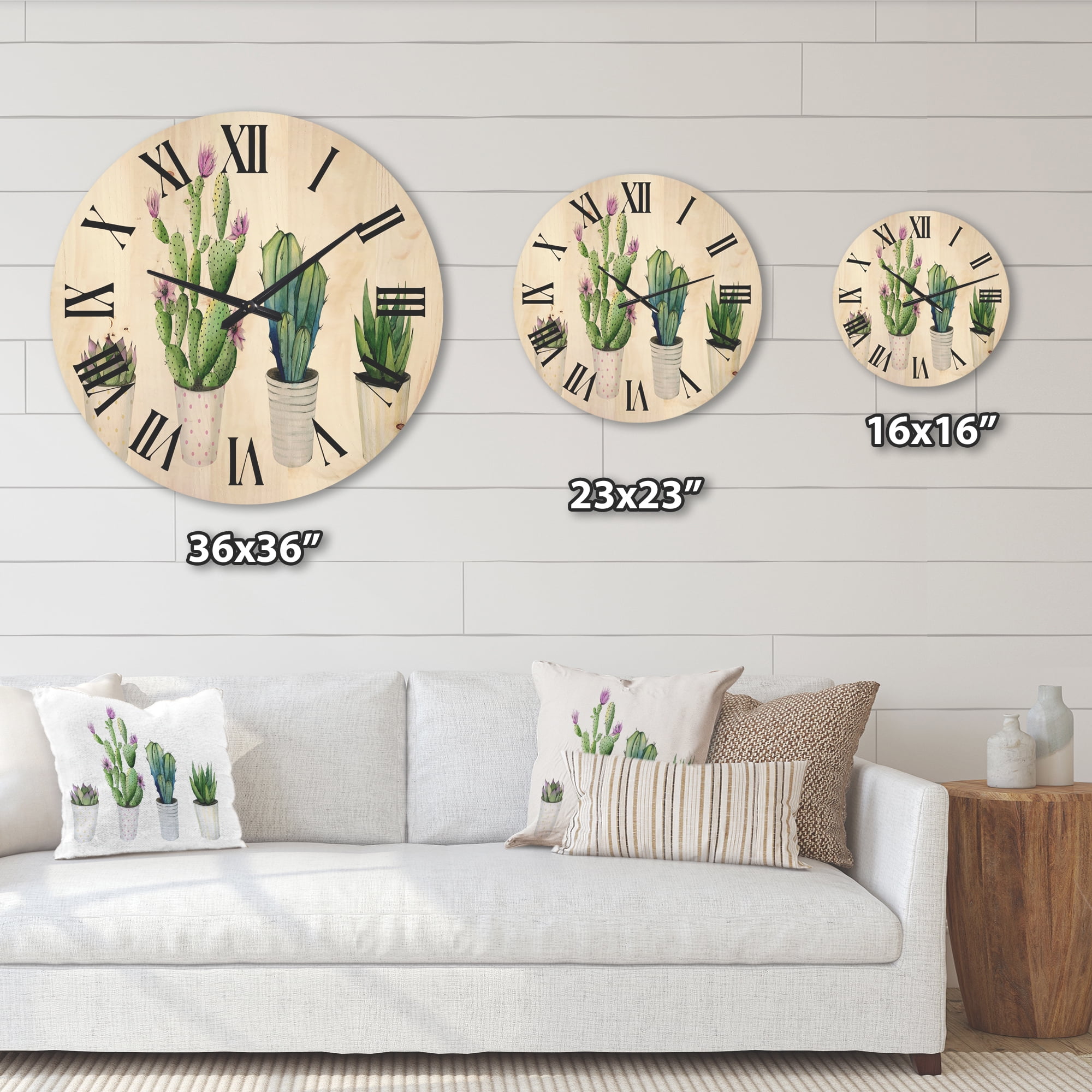 Designart 'Aloe Vera Cactus Succulent Home Plants In The Pots' Farmhouse Wood Wall Clock