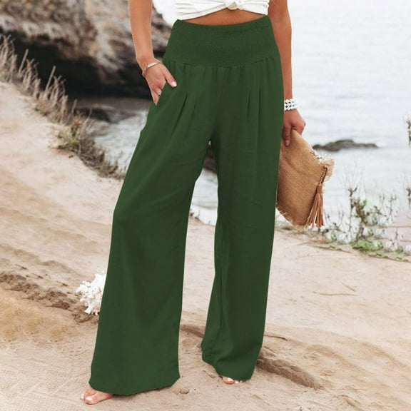 Green Women's Casual Pants, High Waist Wide Leg Palazzo Lounge Pants For Women Smocked Elastic Waist Loose Comfy Casual Pajama Pants Pockets,Women's Casual Pants 4XL