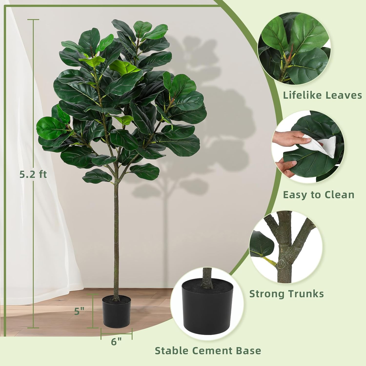 5.2 Ft Artificial Fiddle Leaf Fig Tree, Faux Ficus Lyrata Plant with 62 Fiddle Leaves,Tall Fake Plants Large Floor Plant with Pot for Indoor Living Room House Office Decor Housewarming Gift